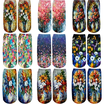 2021 Nové Značky ponožky Kvety retro štýl 3D celého Vytlačené Roztomilý bavlna krátke ponožky pre ženy, dámy Bežné Krátke ponožky