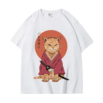 2023 Hot Predaj Japonsko Mačka Samuraj Grafika Tričká Letnej Ulici Bežné 100%bavlna T-shirt Muži Ženy Móda Anime Štýl T-shirts
