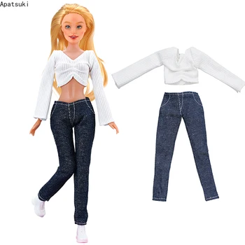 Biela tvaru Dlhý Rukáv Top Black Džínsové Nohavice Pre Bábiku Barbie Oblečenie Móda Jeseň Oblečenie Nastaviť 1/6 Bábiky, Príslušenstvo Hračky