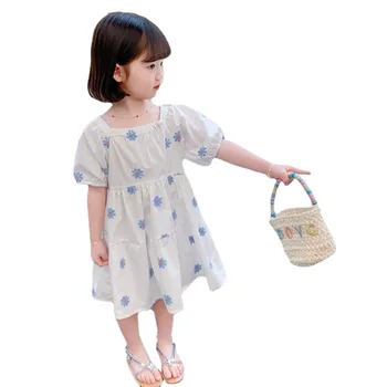 Deti Oblečenie 2023 Lete Nové Dievčenské Biele Sukne Vytlačené Modré Kvety Krátky Rukáv Patchwork Sukne