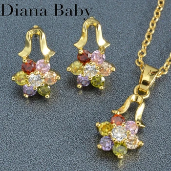 Diana Baby Pozlátené Šperky Set Pre Ženy, Lesklé Zirkón Prívesok Náhrdelník Crystal Kvet Stud Náušnice Fashion Party Šperky