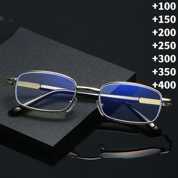 KLASSNUM Mužov Zväčšovacie Čítanie Glases Luxusné Štvorcový Kovový Rám Retro Anti Modré Svetlo Okuliare, Optické Presbyopia +1.0 +2.0 +4.0