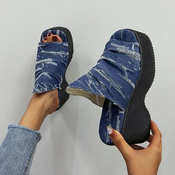 Klin Dámske Topánky 2023 Blue Denim Fashion dámske Papuče Pohodlné Platformu Listov Ženy Veľké Veľkosti 36-43 Zapatos De Mujer