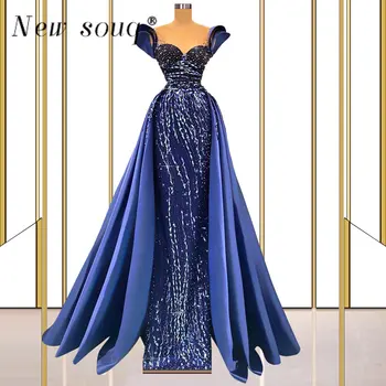 Luxusné 2 V 1 Modrá Morská víla Večerné Šaty s Spp Rukáv Elegantné Africké Čierne Dievčatá Dlho Party Šaty Korálky Crystal Prom Šaty