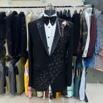 Luxusné Ozdobené Tuxedos Luxusné Korálkové Muži Obleky Vrchol Klope Ženícha Svadbu, Ples Blejzre 2 Ks Súpravy Prom Kostým Homme