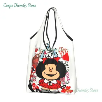 Láska A Mafalda Obklopený Srdcia Nákupné Tašky Ženy Prenosné Veľkú Kapacitu Potraviny Manga Komiksu Shopper Tote Tašky