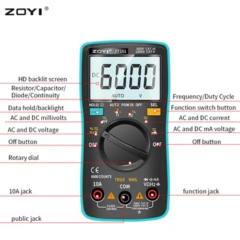 Merač Napätia Meter ZOYI ZT101 Digitálny Multimeter Podsvietenie A-C/D-C Ammeter 6000 počíta A-C/D-C Ammeter Voltmeter Ohm Prenosné
