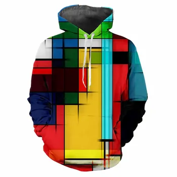Moderný kockovaný vzor mužov hoodie bežné digitálna tlač hip-hop osobnosti hrubé fleece textílie s kapucňou dlhé rukávy top