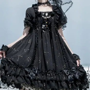 Námestím Golier Volánikmi Čipky Čierne Šaty Pre Ženy, Sladké Krátke Rukávy OP Šaty Letné Pôvodné Denne Goth Lolita Šaty