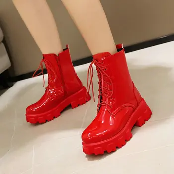 Patent PU koža červená dizajnér značky luxusné dámske topánky 2024 krajky-up botičky žena platformu cross-viazané žena motocykel topánky
