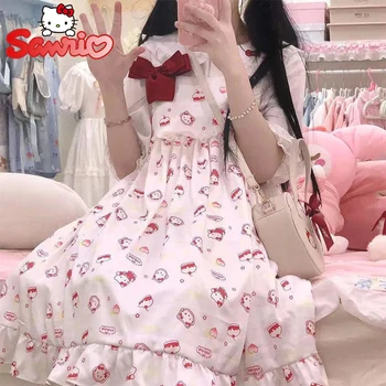 Sanrio Hello Kitty Šaty Y2k Lete Ženy Dlhé Šaty Kawaii Lolita Jk Sukne Voľné Košieľka Krátke Mini Šaty pre Dievča