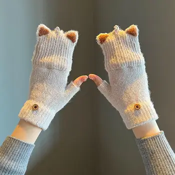 V Zime Teplé Zahusťovanie Pletené Rukavice Ženy Cute Cat Ucho Flip Bezprstové Hrubé Rukavice Sladké Ručné Teplejšie Prstové Rukavice Dievčatá