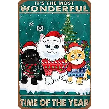 Vintage Mačka Vianočné Kovov Cín Znamenie, že je Najlepší Čas Roka Múr Umenia Plagátu Obchod Garáž, Spálňa, Izba Zábavnej Retro Dekorácie