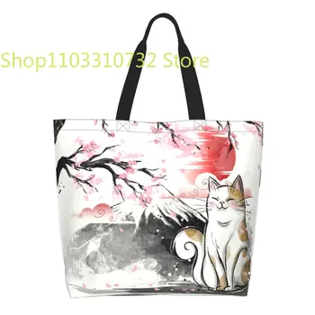 Vtipné Tlač Japonská Sakura Cute Cat Nakupovanie Tote Tašky Umývateľný Plátno Shopper Ramenný Kvetinový Kvet Kabelka