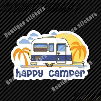 Šťastný Camping Nálepky Odtlačkový Vinyl Palma Beach Ocean Trailer Cartoon Tvorivé Nepremokavé Auto Okno Telo Dekorácie